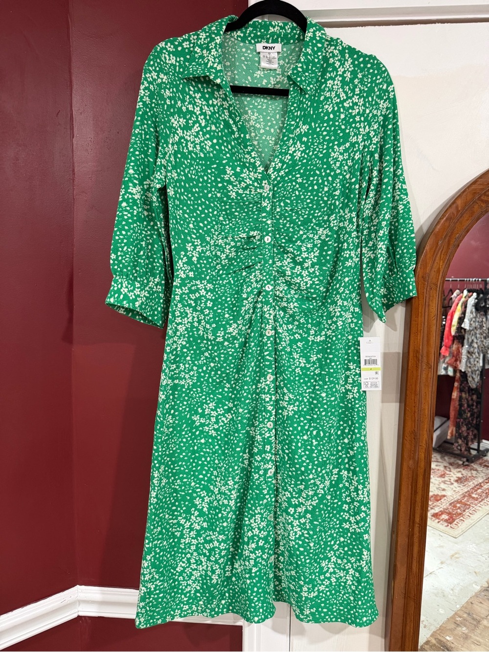 DKNY White Floral Midi Dress Silky with Mother of Pearl Frontal Buttons | Green